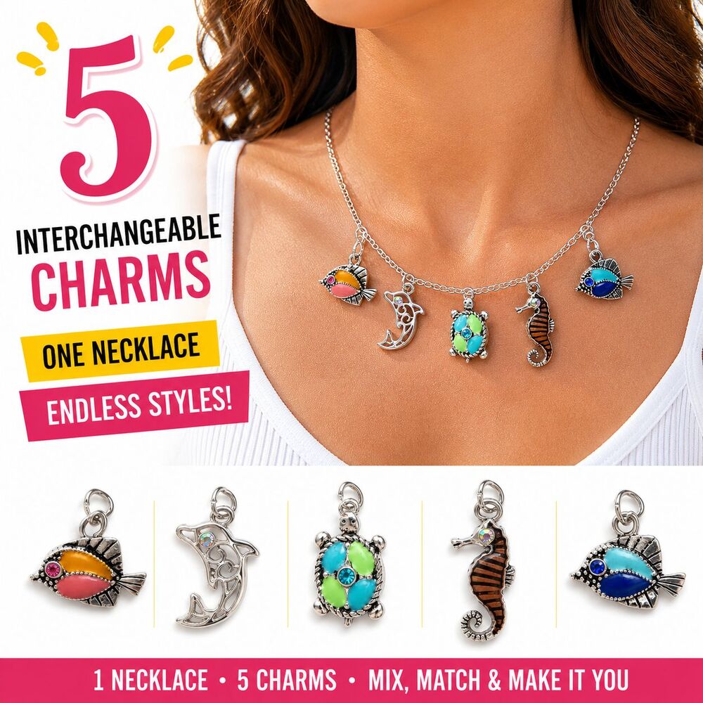 Interchangeable Sea Life Charm Necklace 5 Charms Silver Tone Dolphin Turtle Fish